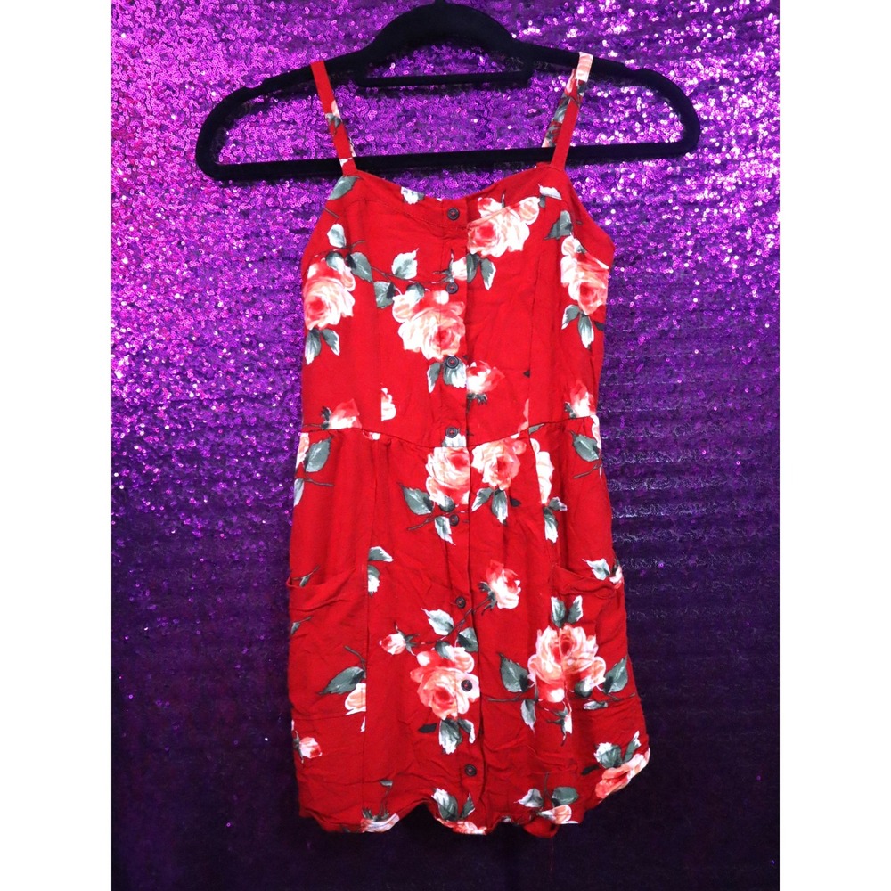 Red Floral Romper 9/10 Abercrombie Kids Girls Button Front Smocked Back Pockets